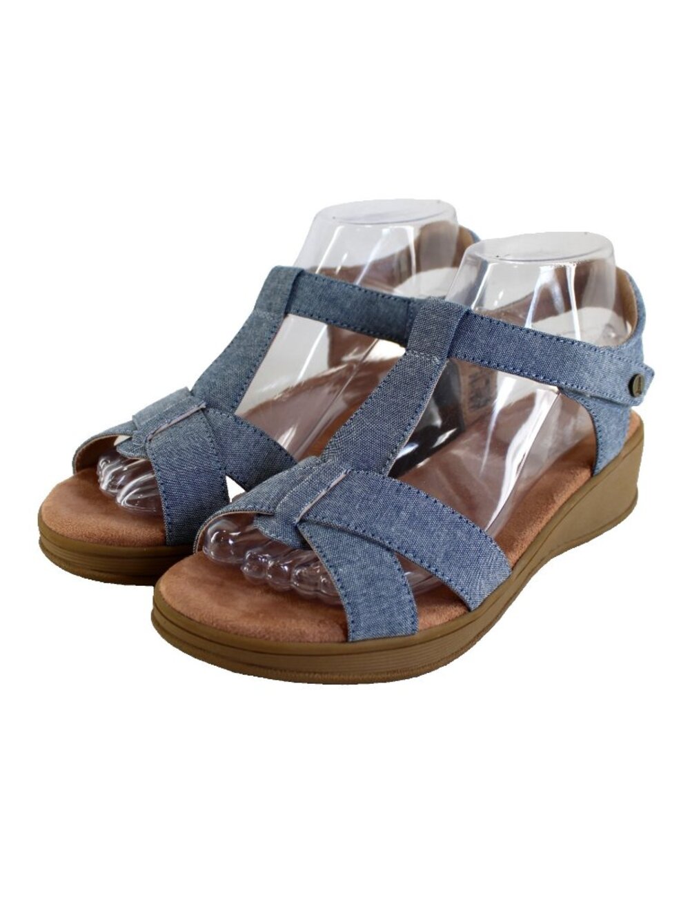 Lands End Wedge Sandals Womens Size 7 Blue Faux Denim Open Toe Ankle Strap
